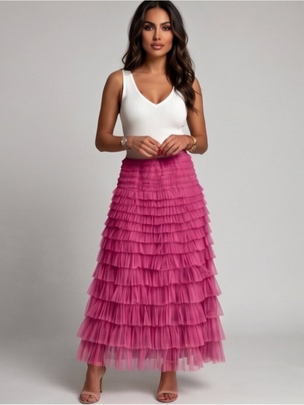 Pink Tulle Tiered Ruffle Maxi Skirt High Waist Elastic Band Boho Chic